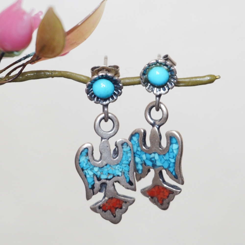 Sterling Native American Turquoise Eagle Earrings - image 1